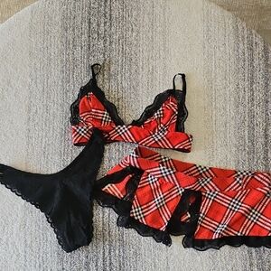 Dreamgirl Red Plaid and Black Lace Bra Intimates Set